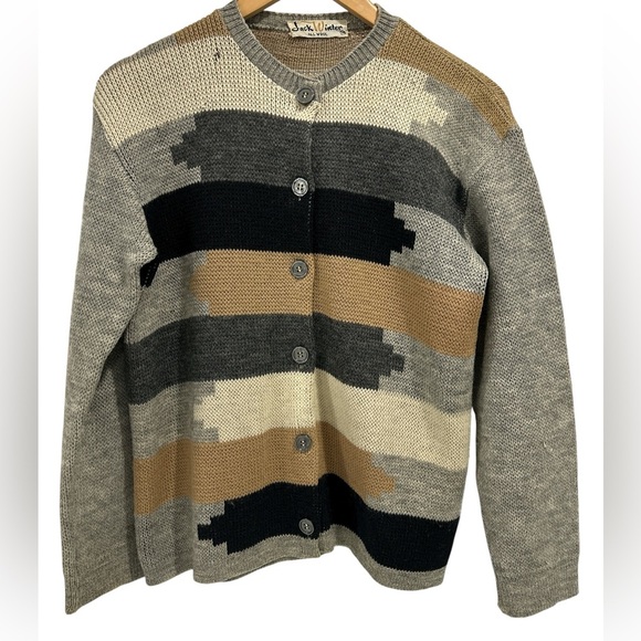 Vintage 60's 70's Jack Winter Wool Geometric Print Cardigan Sweater - Size 38/8 - Picture 1 of 7